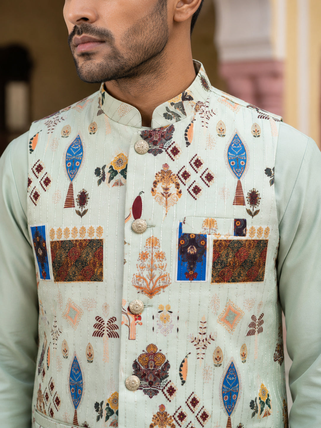 Men Cotton Blend Printed Nehru Jacket with Solid Kurta Set ( 65KPWC 5586Pi 4159Pista )