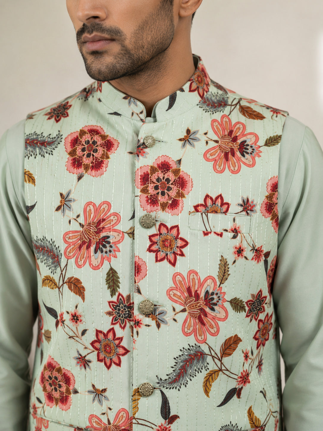 Men's Floral Printed Nehru Jacket with Kurta Pyjama Set ( 65KPWC 5586Pi 4160Pista )