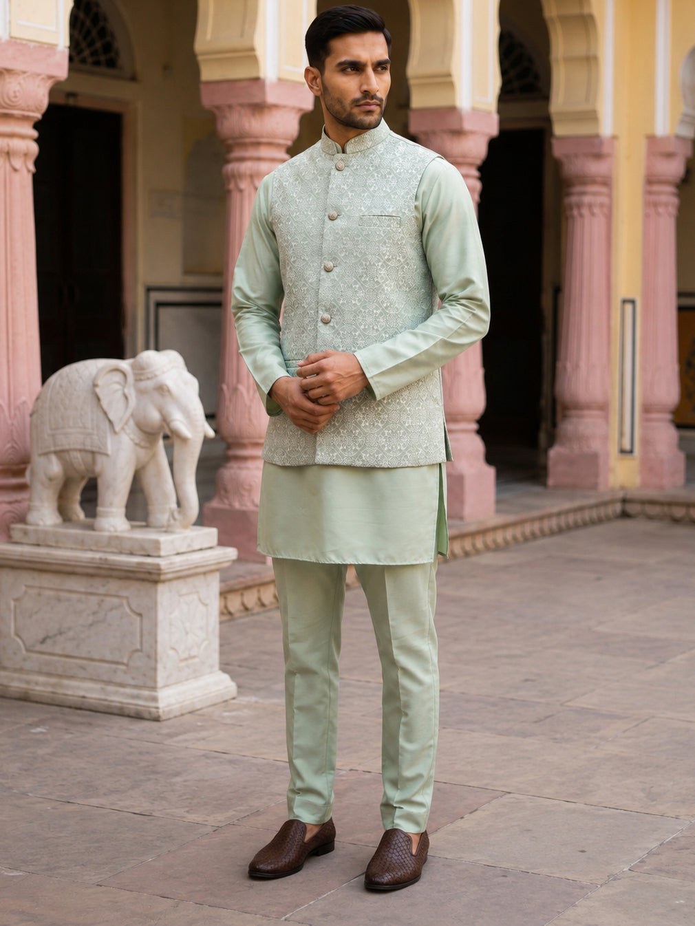 Jacquard Woven Nehru Jacket With Kurta Set ( 65KPWC 5586Pi 4184Pista )