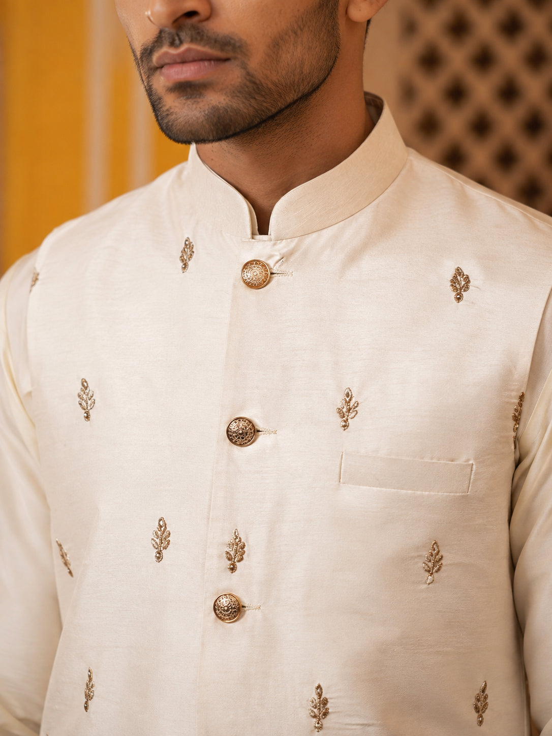 Embroidered Nehru Jacket With Kurta Pyjama Set ( 65KPWC 5586W 4182White )