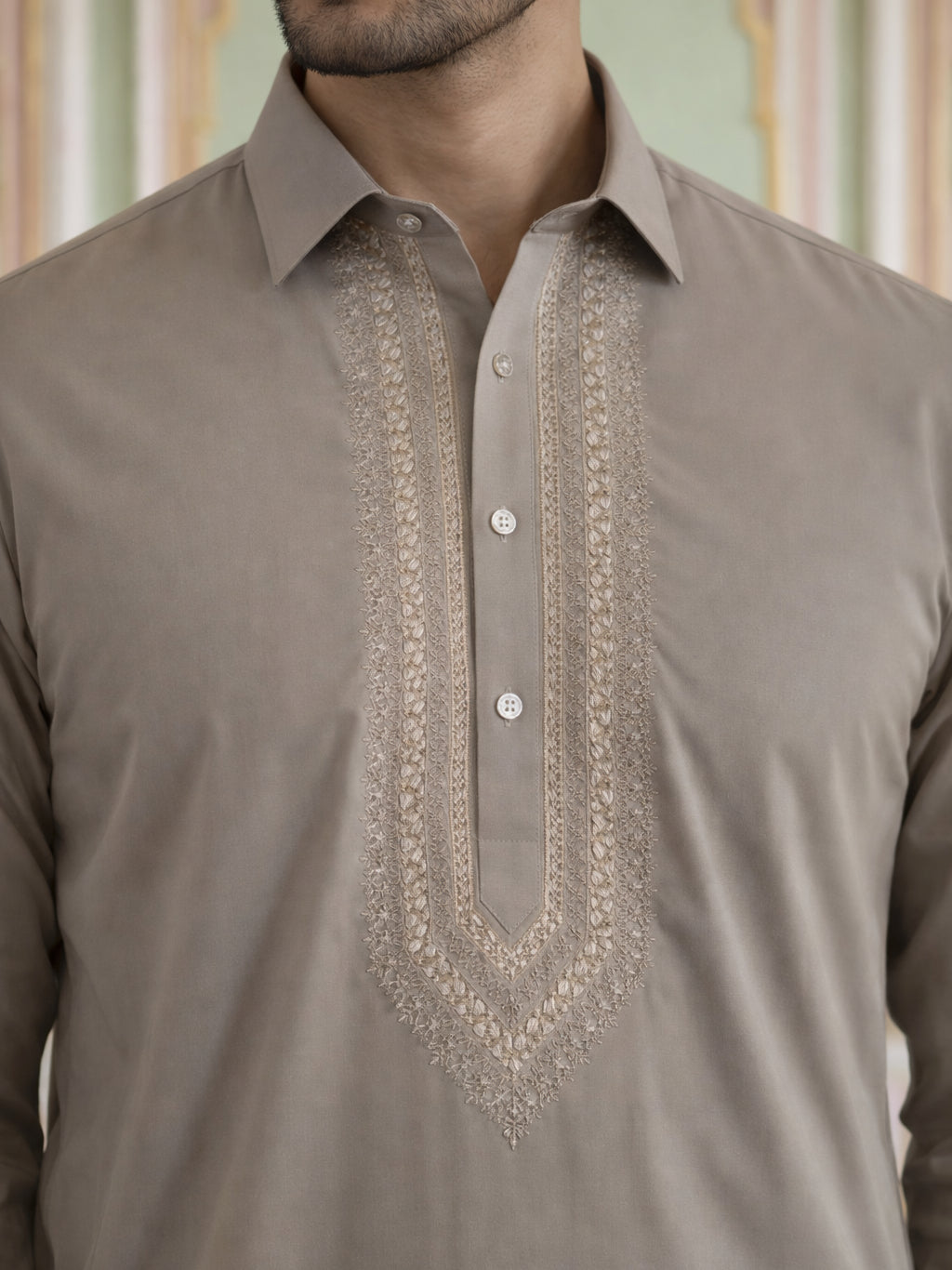 Premium Japanese Embroidery Pathani Kurta Set ( 65KP 5539Beige )