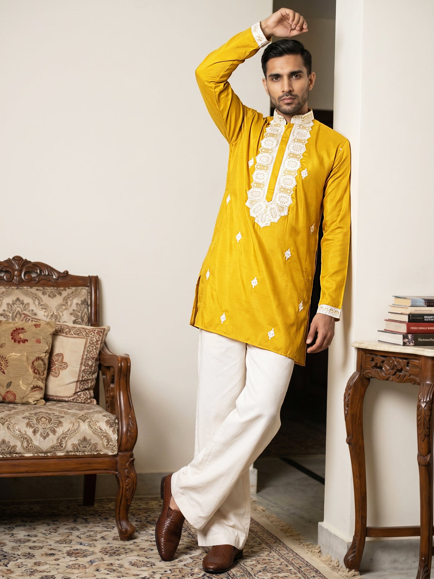 Men's Embroidered Silk Blend Kurta & Korean Pants