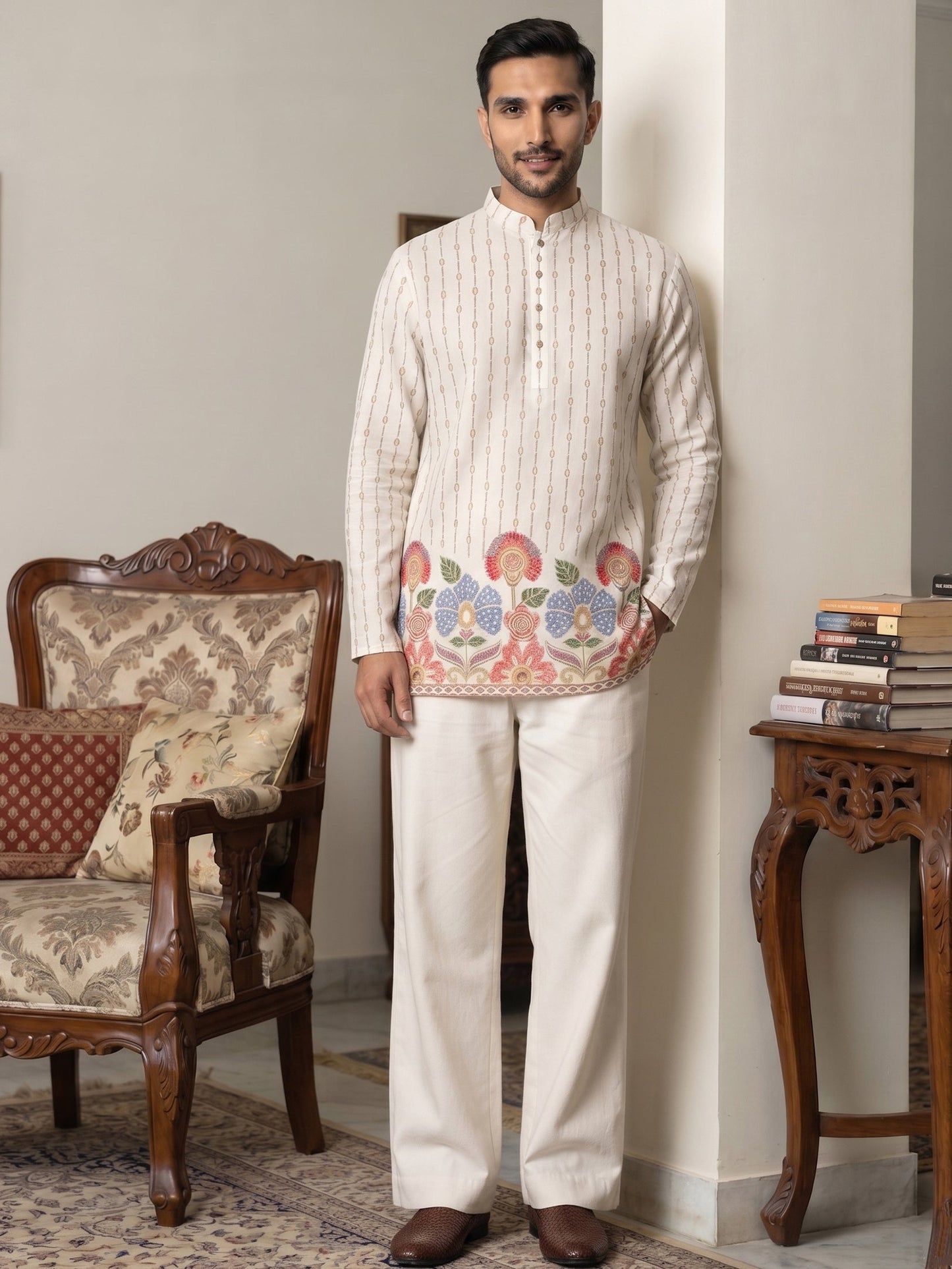 Men's Floral Printed Kurta with Korean Pants