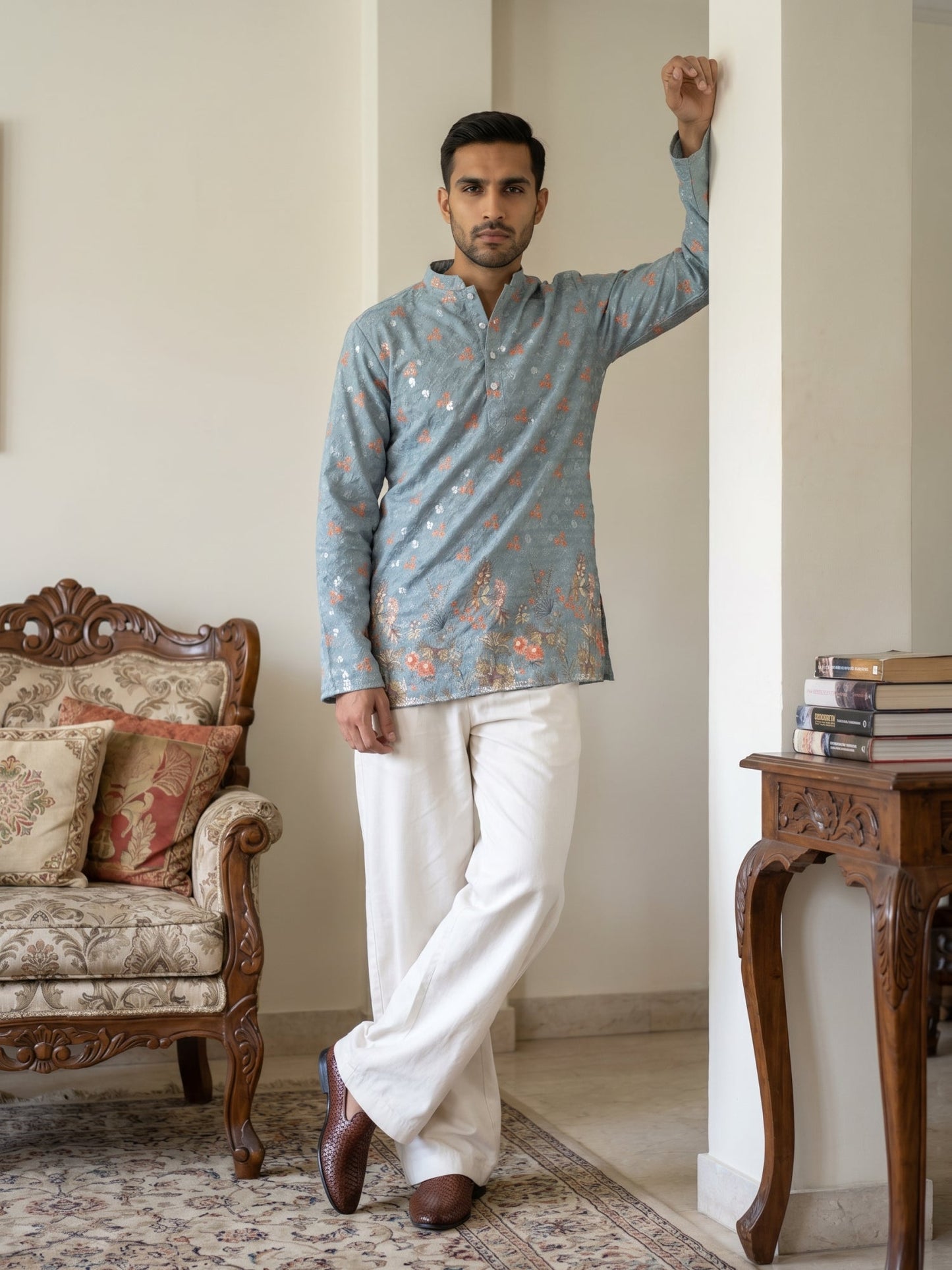 Men's Floral Printed & Thread Work Kurta with Korean Pants