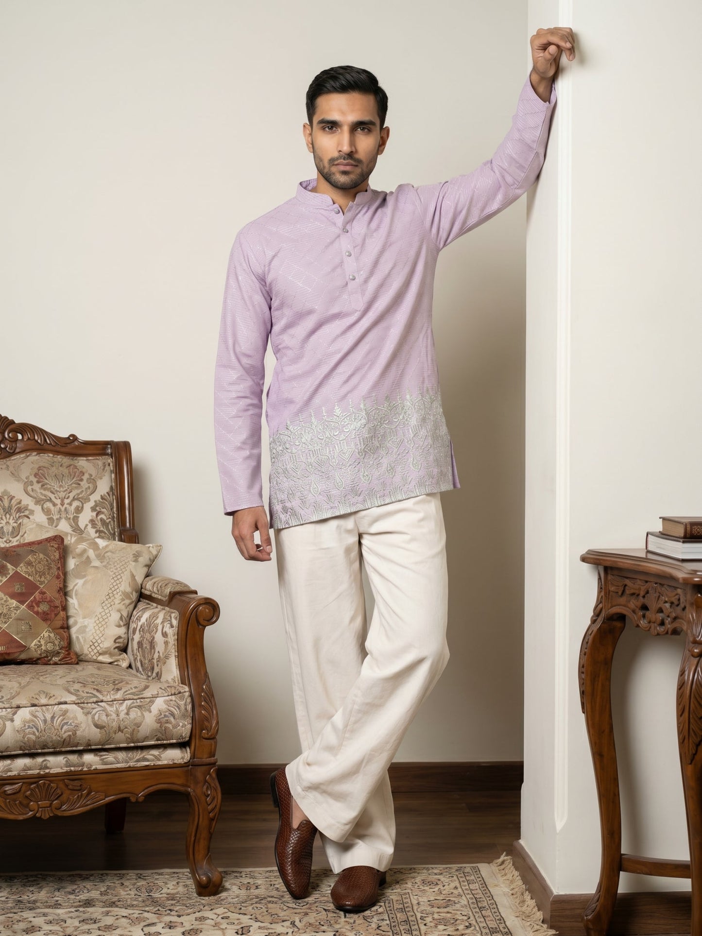 Men's Ethnic Printed & Thread Work Kurta with Korean Pants