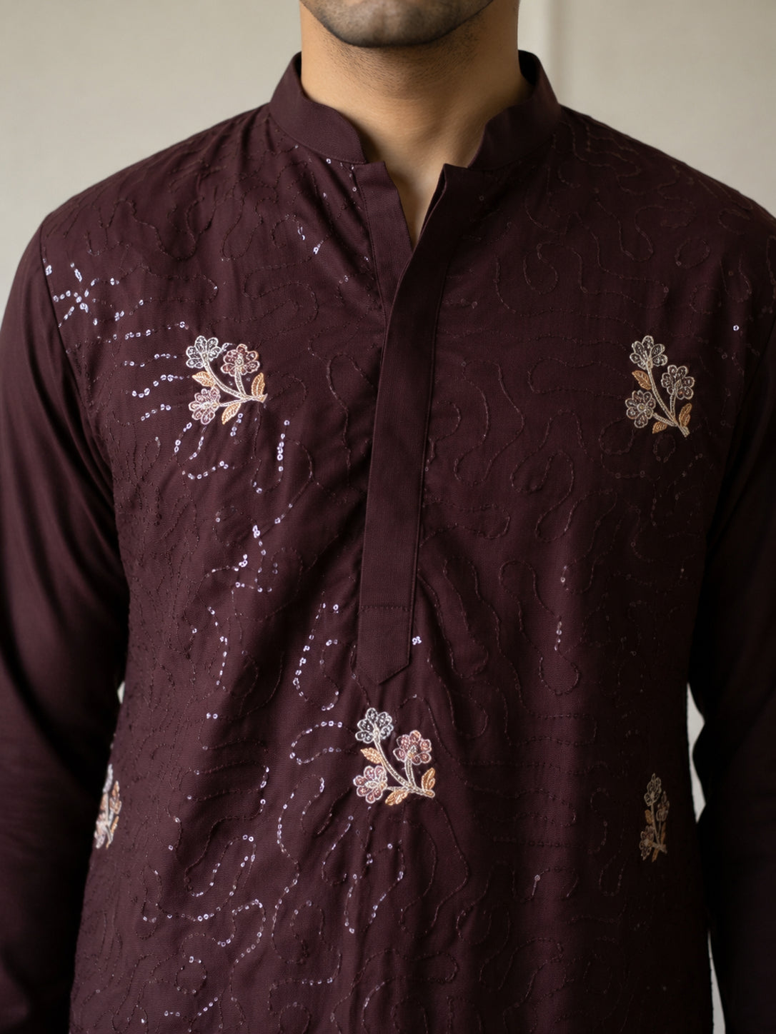 Silk Blend Embroidered & Sequin Kurta with Korean Pants ( 65KP PJ11W B 5644 Wine )