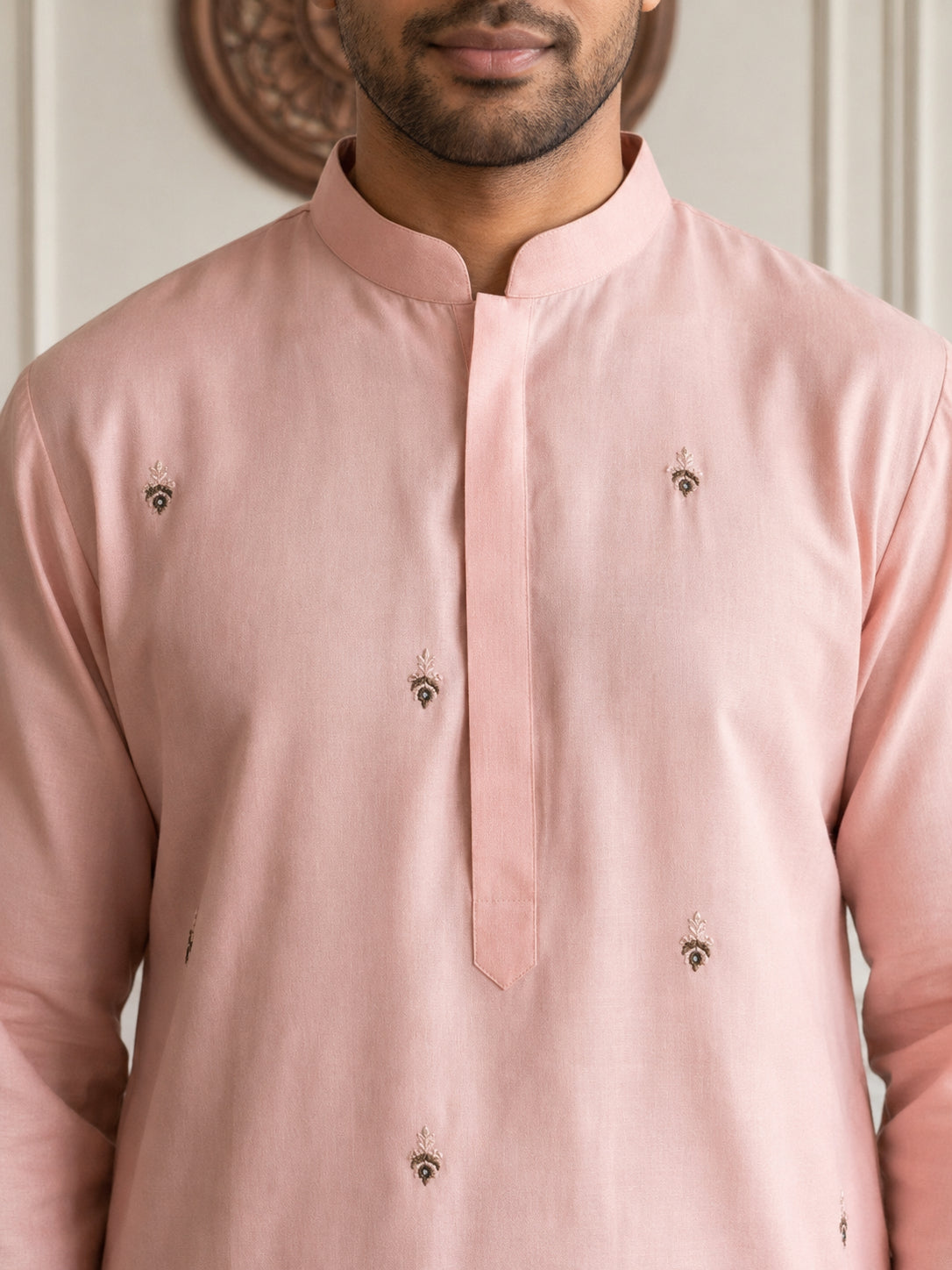 Silk Blend Embroidered Kurta with Korean Pants ( 65KP PJ11W B 5645 Peach )
