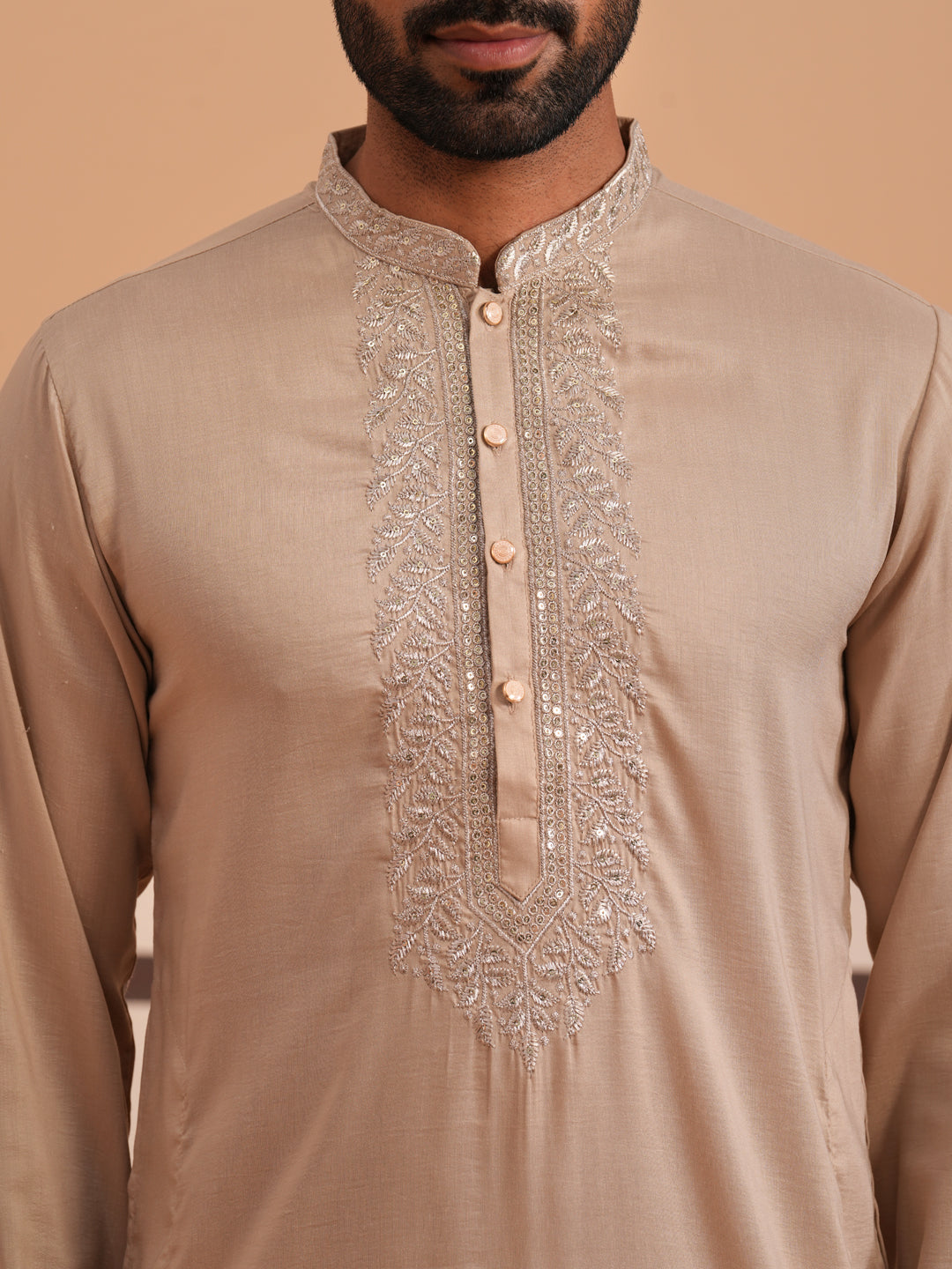 Silk Blend Kurta Set with Matching Embroidered Dupatta (65KP D-PJ11W 5375 Beige )