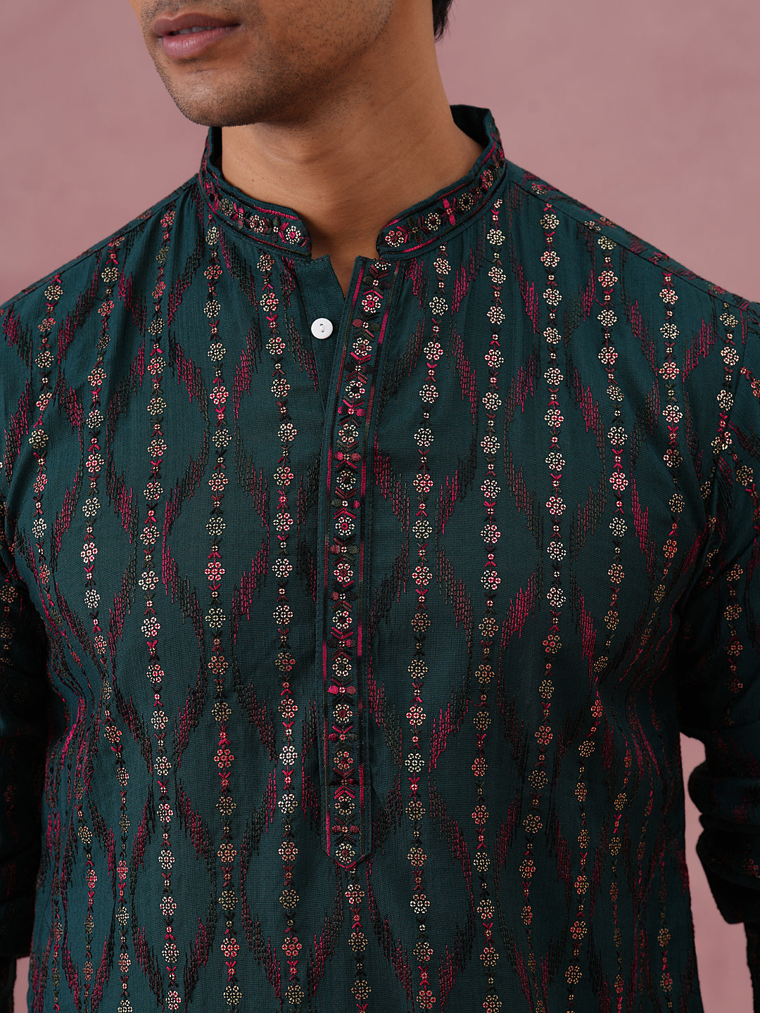 Silk Blend Embroidered Kurta Pyjama Set for Men ( 65KP PJ11B 5372 PJ11B 5372Olive )