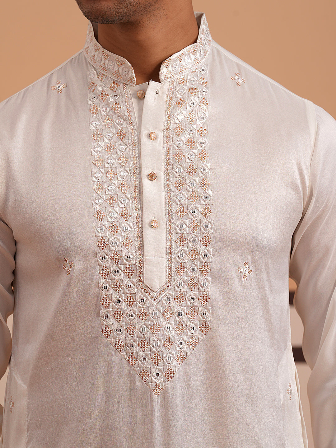 Men's Geometric Embroidered Kurta Set (65KP PJ11W 5358 White )
