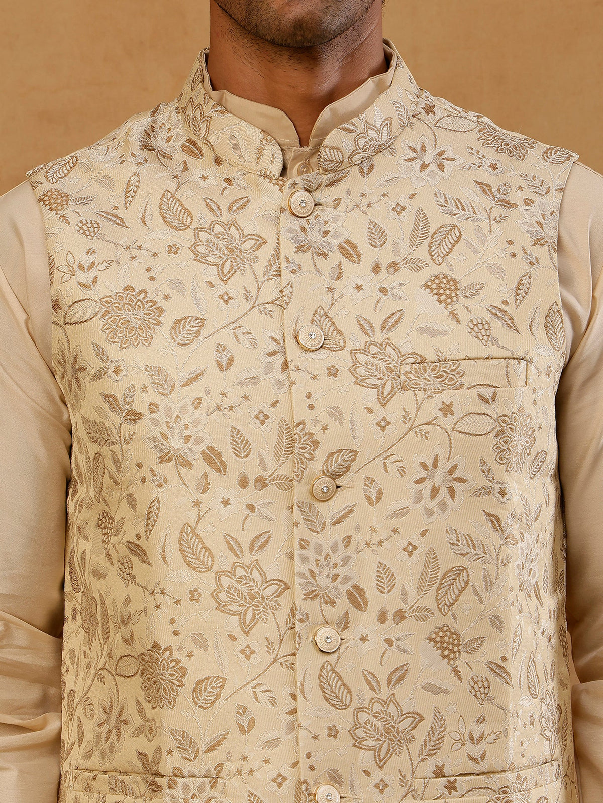 Men Floral Woven Silk Blend Nehru Jacket ( 65WC 4155 Cream )
