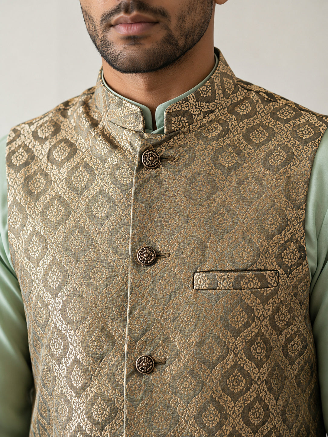 Men's Jacquard Woven Silk Blend Nehru Jacket ( 65WC 4157Green )