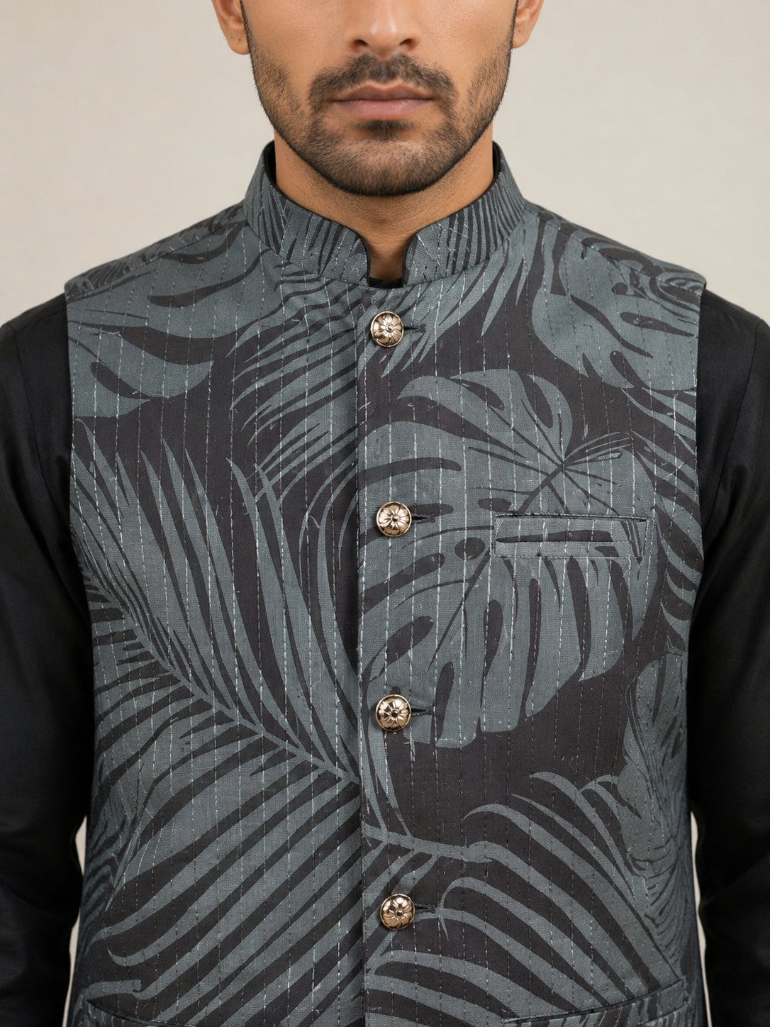 Cotton Blend Botanical Print Nehru Jacket ( 65WC 4158Grey )