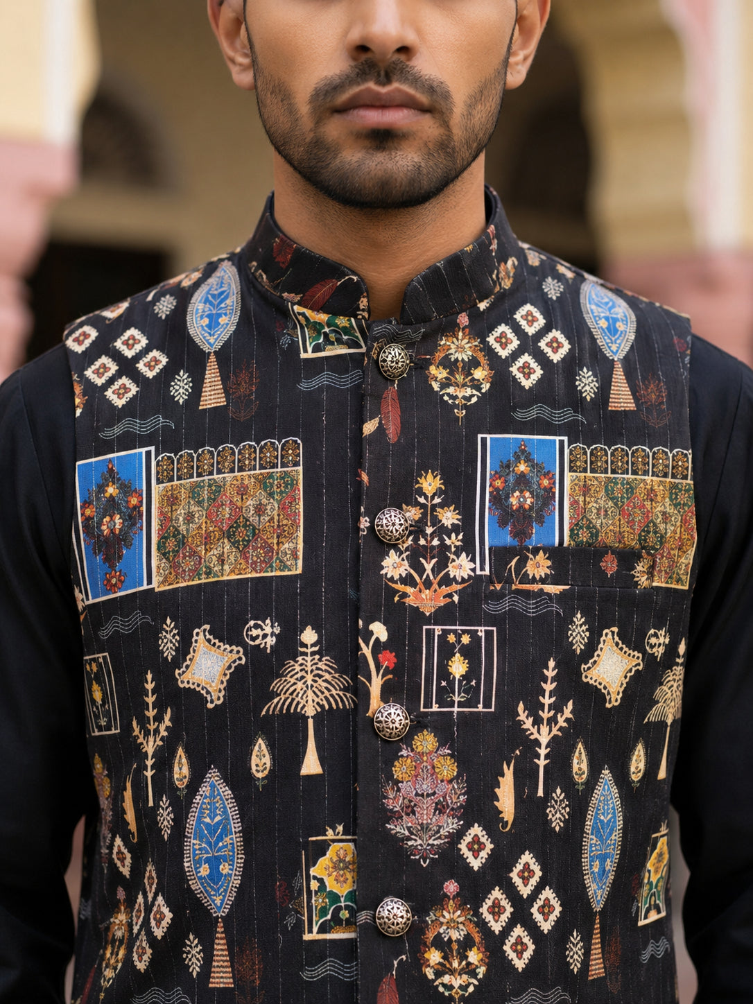 Cotton Blend Multicoloured Print Nehru Jacket ( 65WC 4159Black )