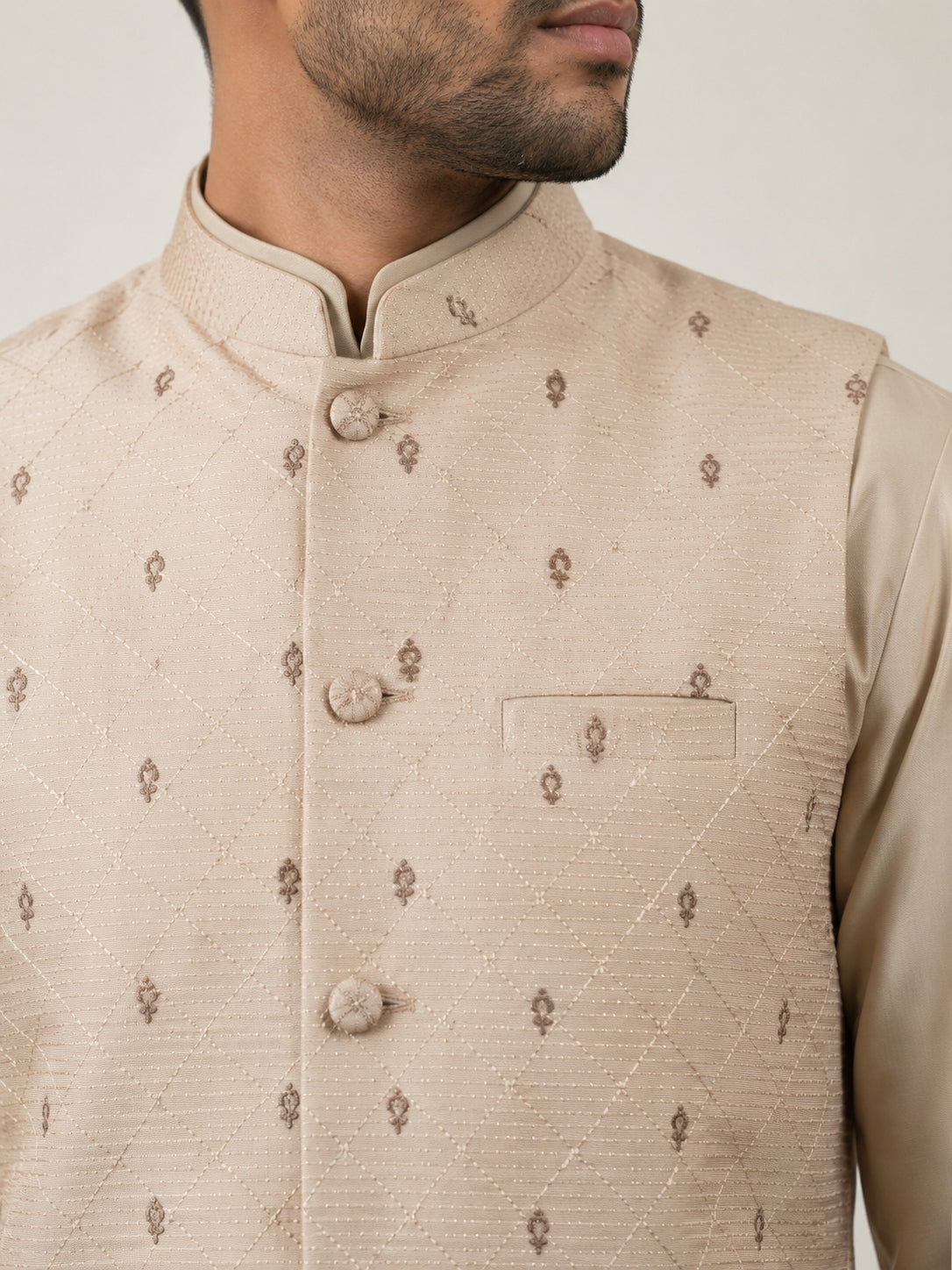 Men's Ethnic Printed Cotton Blend Nehru Jacket ( 65WC 4162Beige )