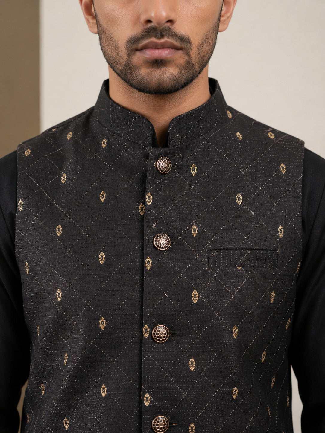Men's Ethnic Printed Cotton Blend Nehru Jacket ( 65WC 4162Black )