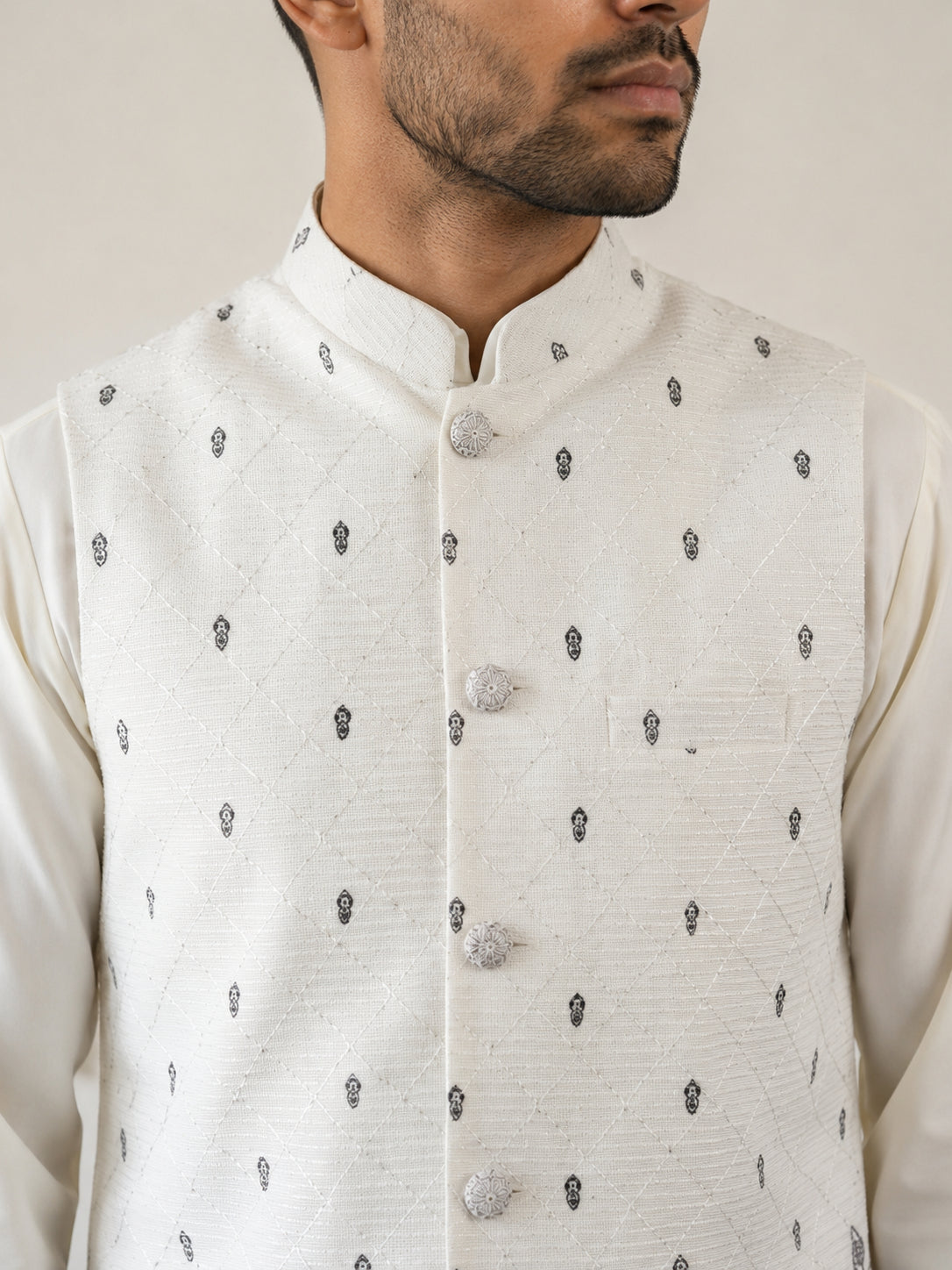 Men's Ethnic Printed Cotton Blend Nehru Jacket ( 65WC 4162White )