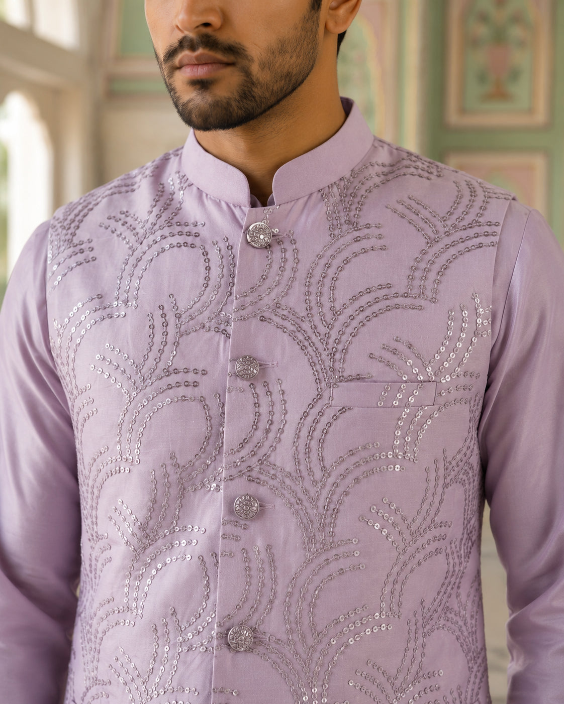 Men's Designer Sequins Embellished Nehru Jacket ( 65WC 4173Lavender )