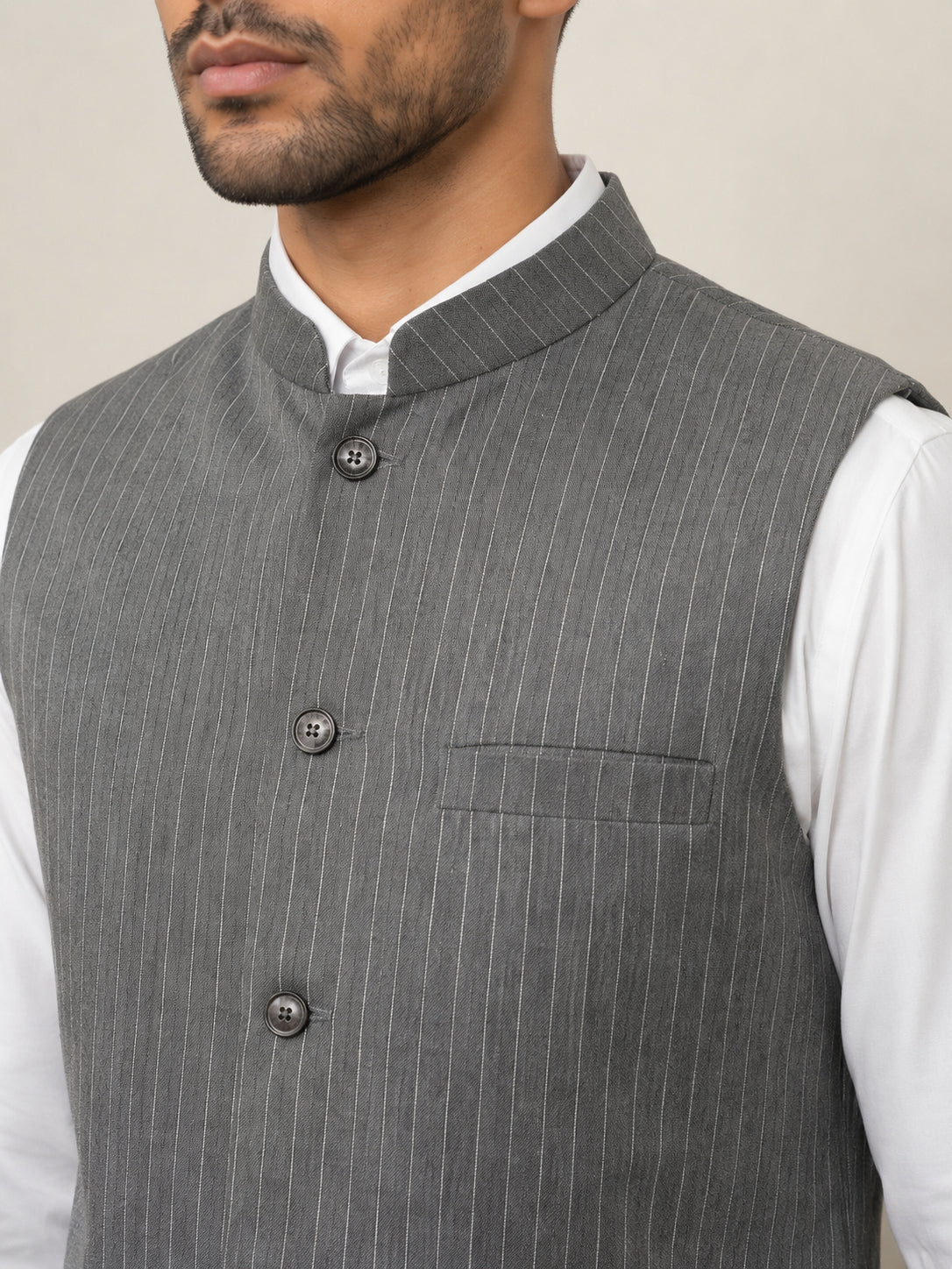 Men's Striped Cotton Blend Nehru Jacket ( 65WC 4174Grey )