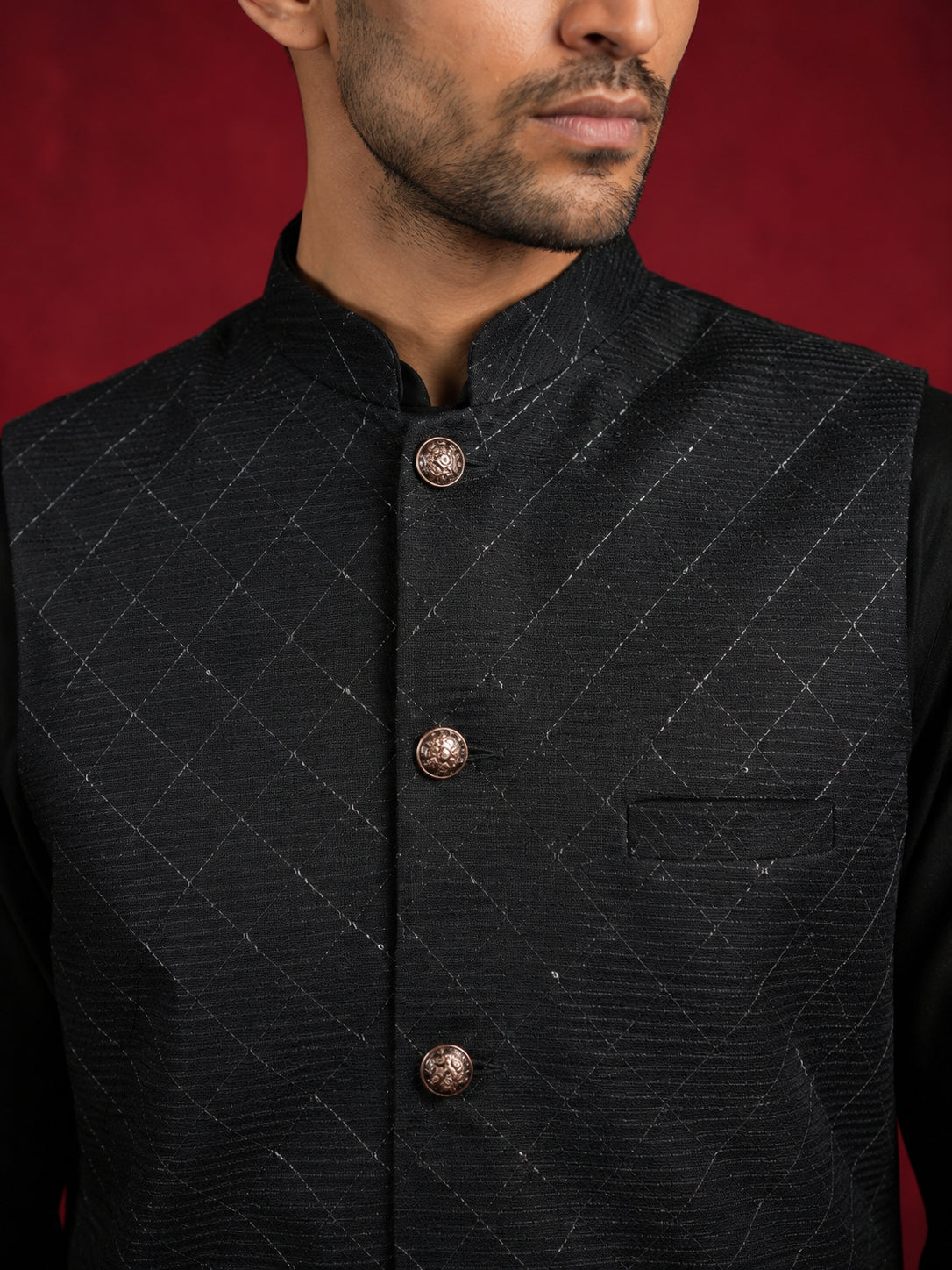 Men's Botanical Printed Silk Blend Nehru Jacket ( 65WC 4176Black )