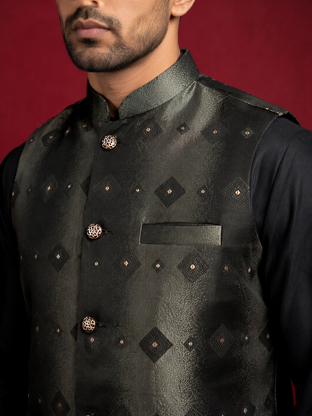 Men Jacquard Woven Design Nehru Jacket ( 65WC 4178 Black )