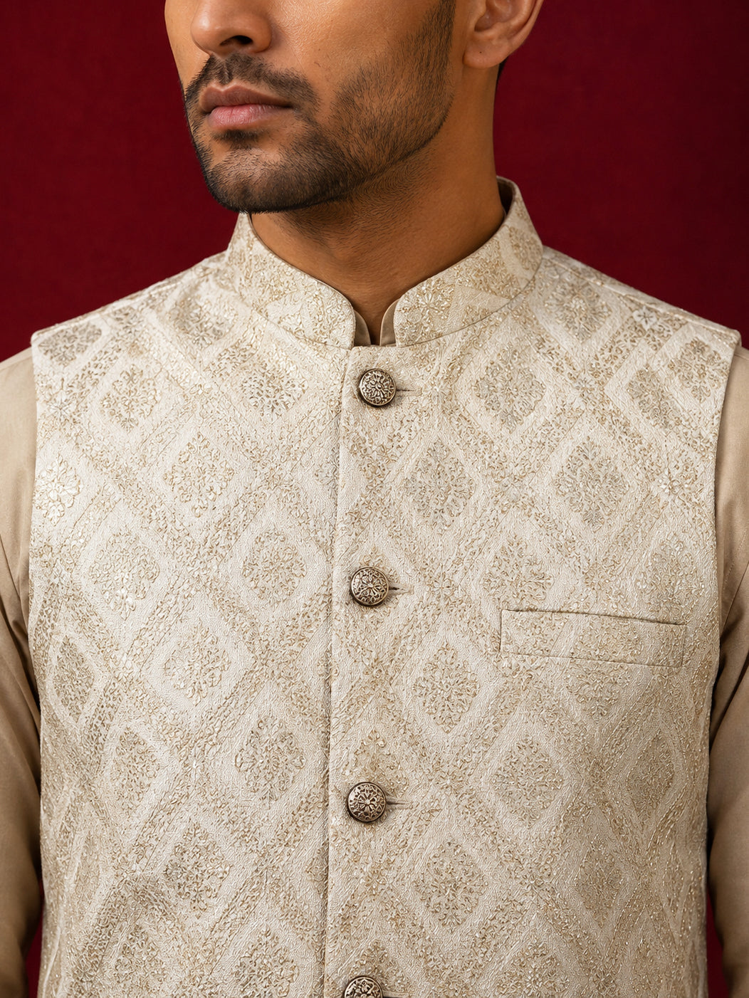 Men Jacquard Woven Design Nehru Jacket ( 65WC 4179Cream )