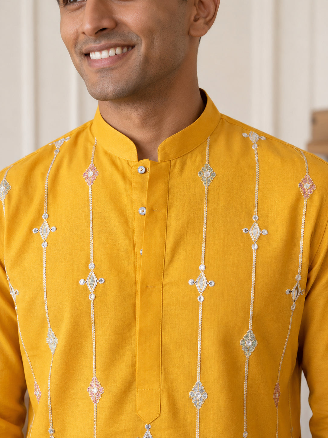 Men's Silk-Blend Embroidered Kurta ( 65KO 5637 Mustard )