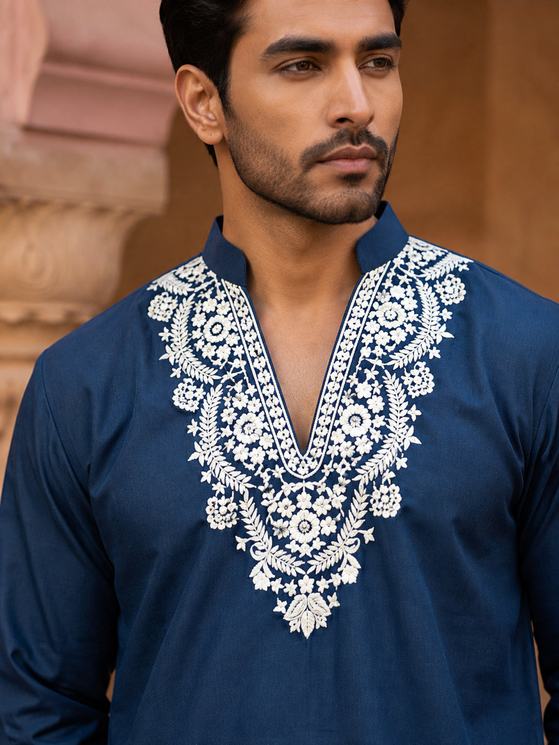 Cotton Blend Embroidered Kurta for Men ( 65KO 5634 Peacock )
