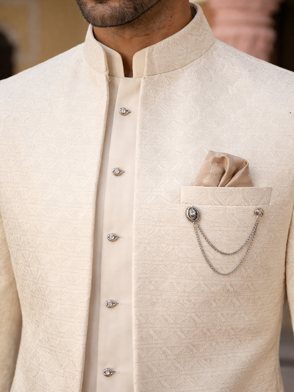 Men Woven Jacquard Indo-Western Set ( 50JIND 155Cream S )