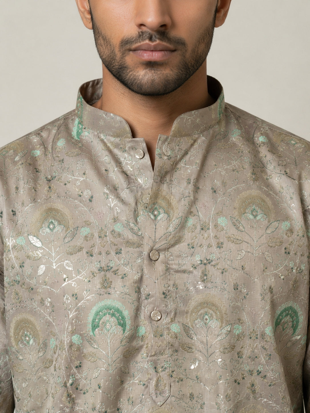 Silk Blend Foil Print Kurta ( 65KO 5587Grey )