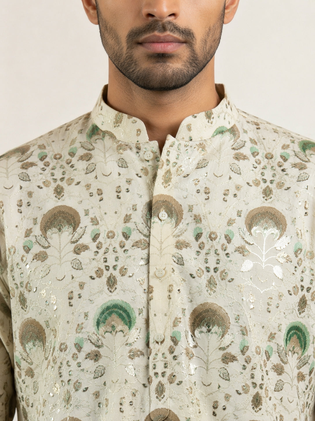Silk Blend Foil Print Kurta ( 65KO 5587Cream )