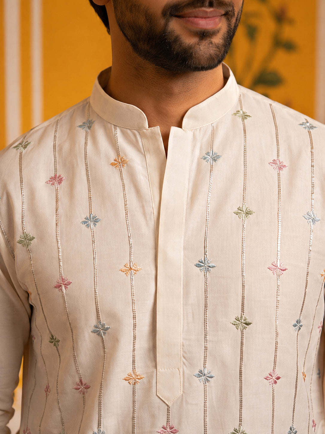 Men's Silk-Blend Embroidered Kurta with Korean Pants ( 65KP PJ11B S 5627 White )