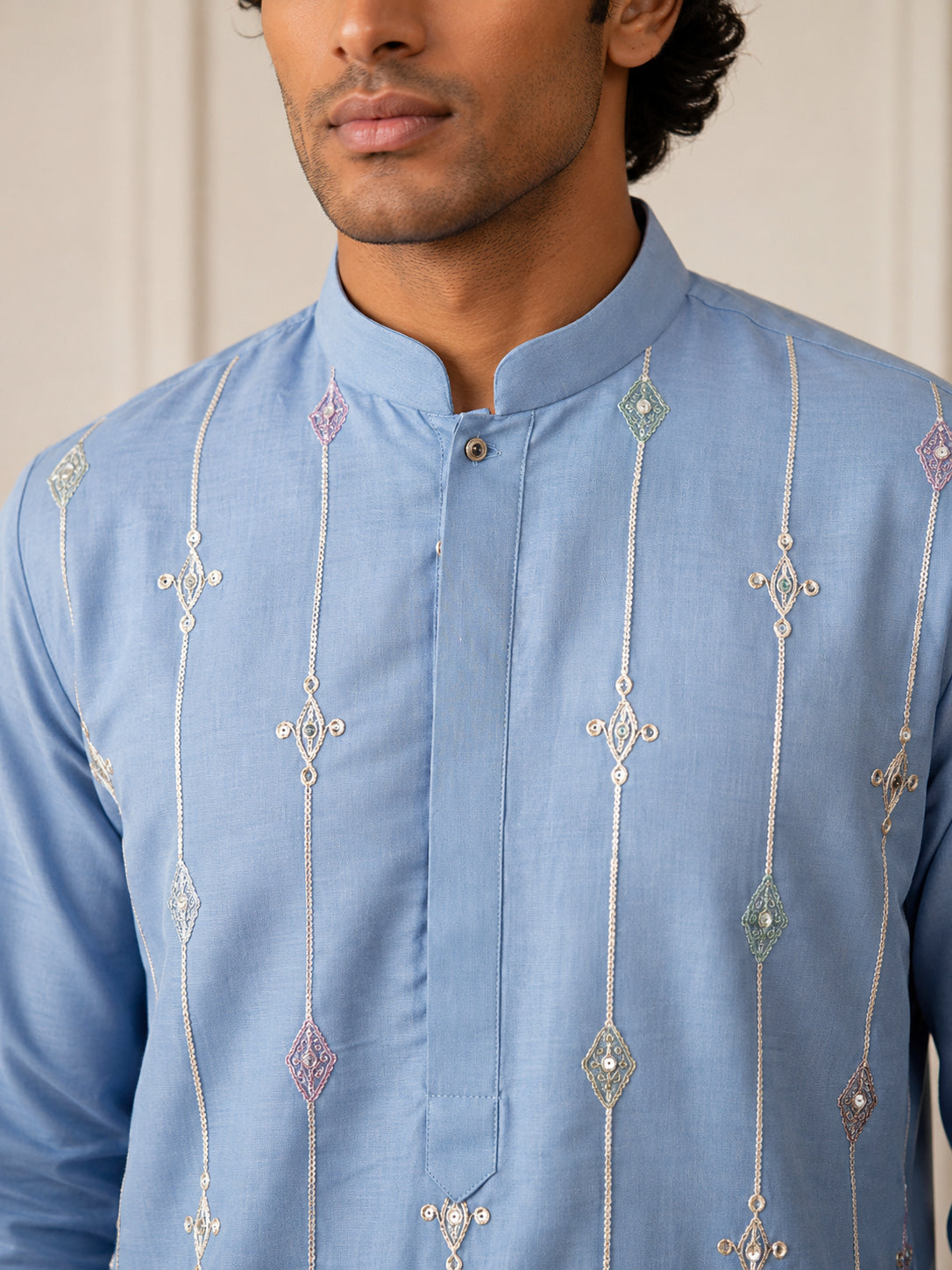 Men's Silk-Blend Embroidered Kurta with Korean Pants ( 65KP PJ11W S 5637 Sky )