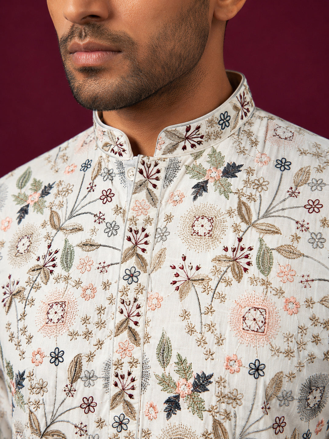 Silk Blend Floral Embroidered Kurta ( KO 5227White )