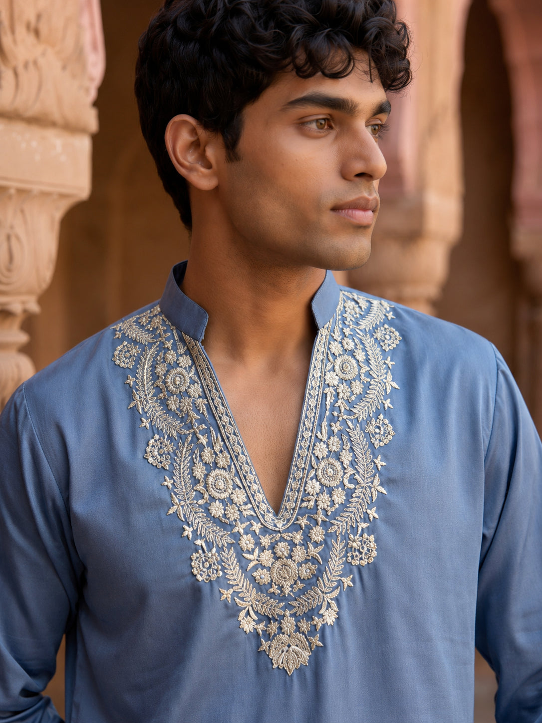 Cotton Blend Embroidered Kurta with Korean Pants ( 65KP PJ11W B 5634 Blue )