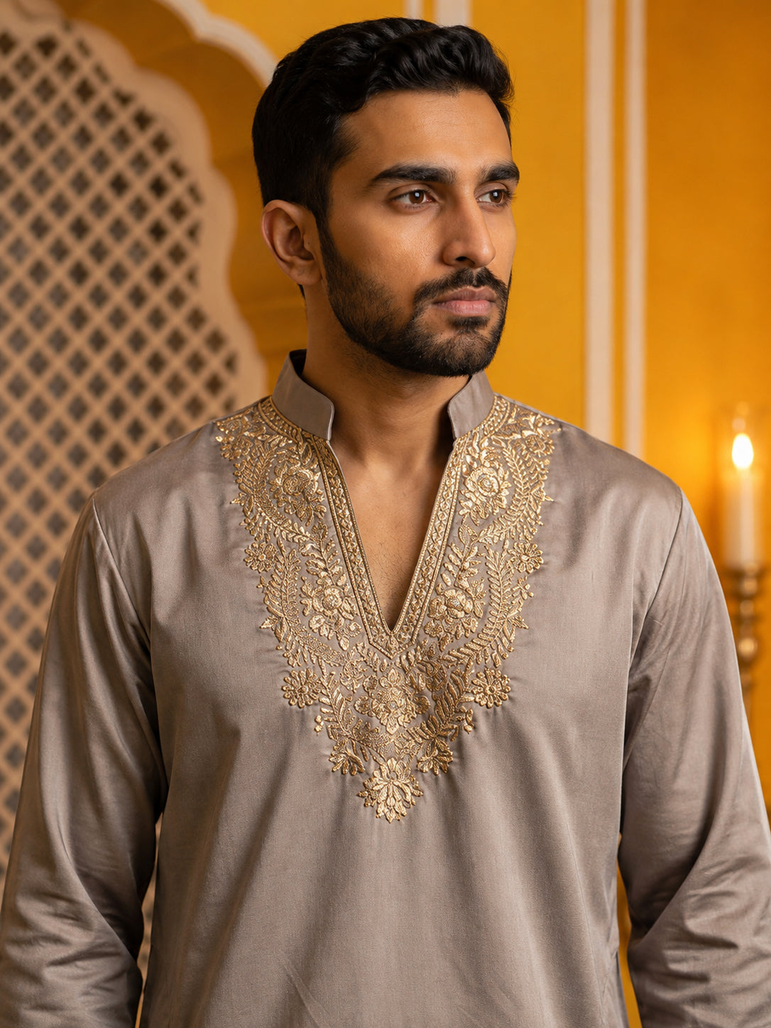 Cotton Blend Embroidered Kurta for Men ( 65KO 5634 Brown )