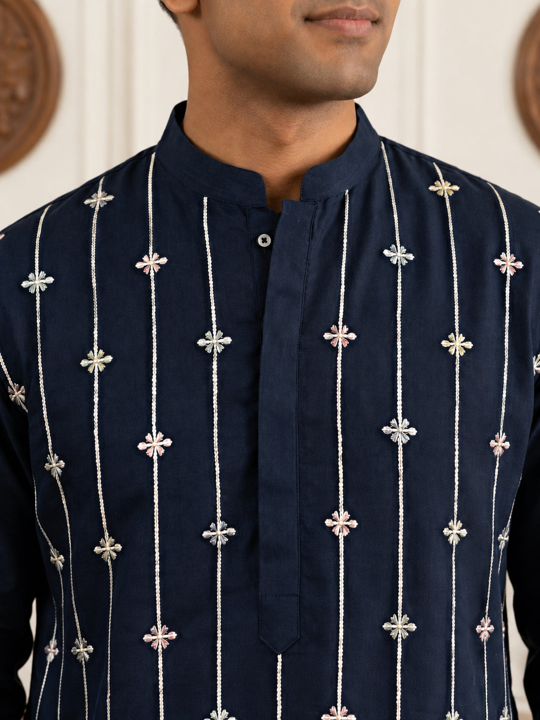 Men's Silk-Blend Embroidered Kurta ( 65KO 5627 Navy )