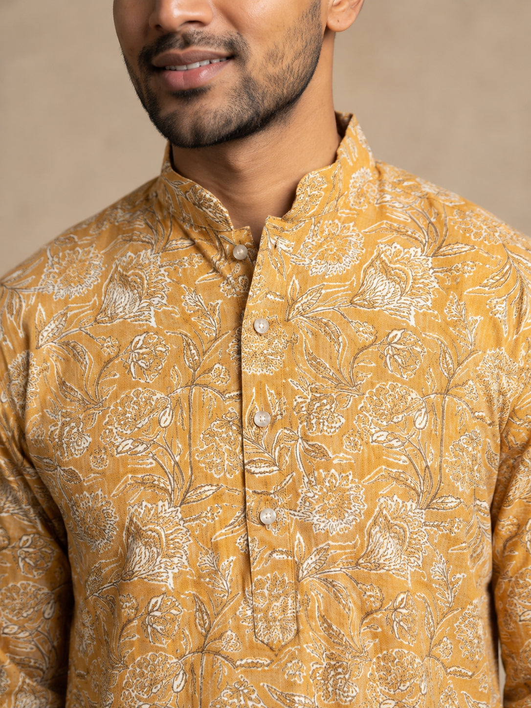 Floral Print & Thread Work Kurta Pyjama Set ( 65KP W P 5640 Mustard )