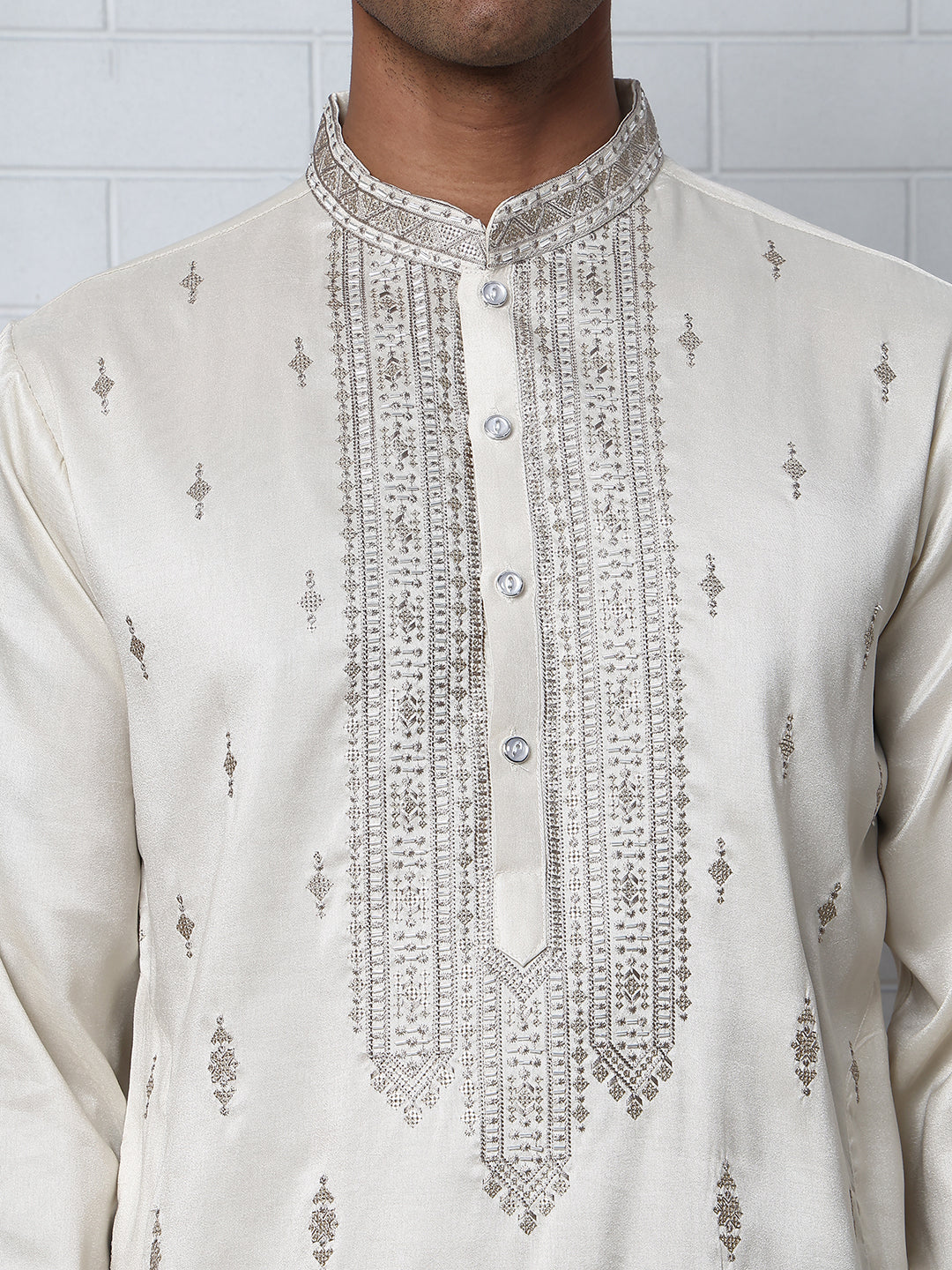 Silk Blend Ethnic Embroidered Kurtas ( ANMKO 296Off-White )
