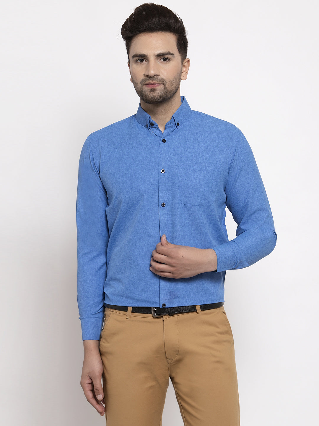 Indian Needle Blue Men's Cotton Solid Button Down Formal Shirts ( SF 734Blue )