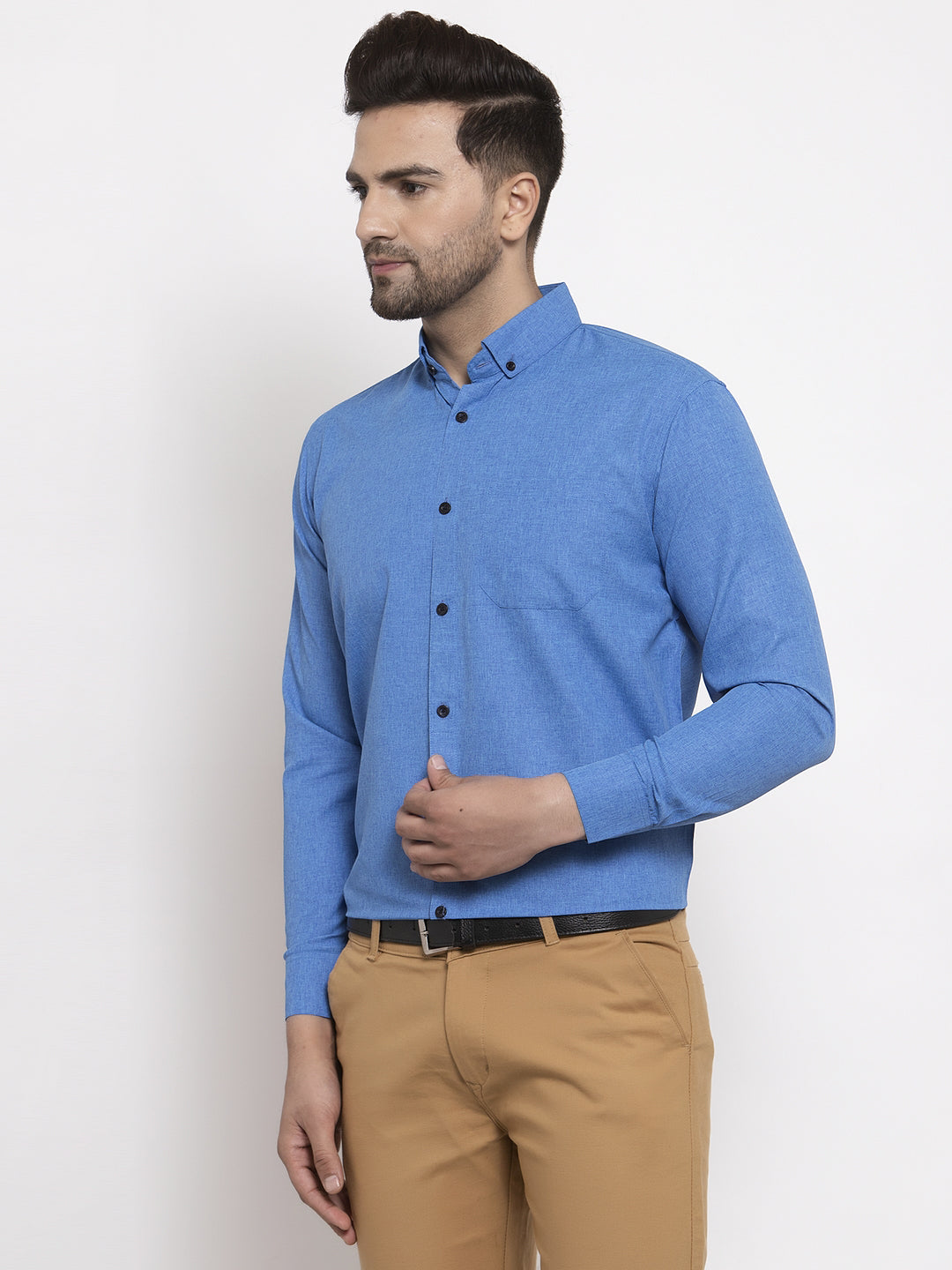 Indian Needle Blue Men's Cotton Solid Button Down Formal Shirts ( SF 734Blue )