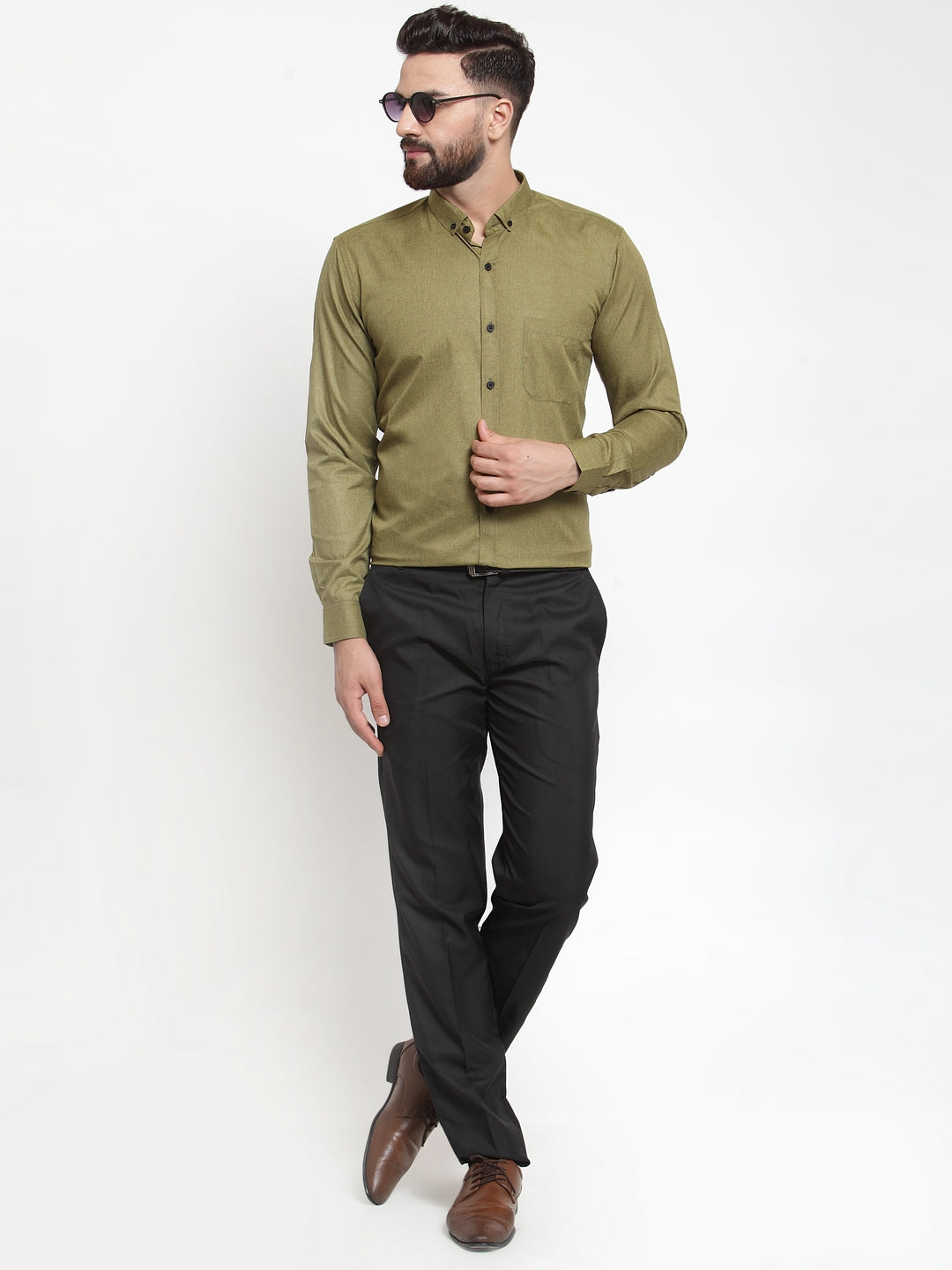 Indian Needle Olive Men's Cotton Solid Button Down Formal Shirts ( SF 734Olive )