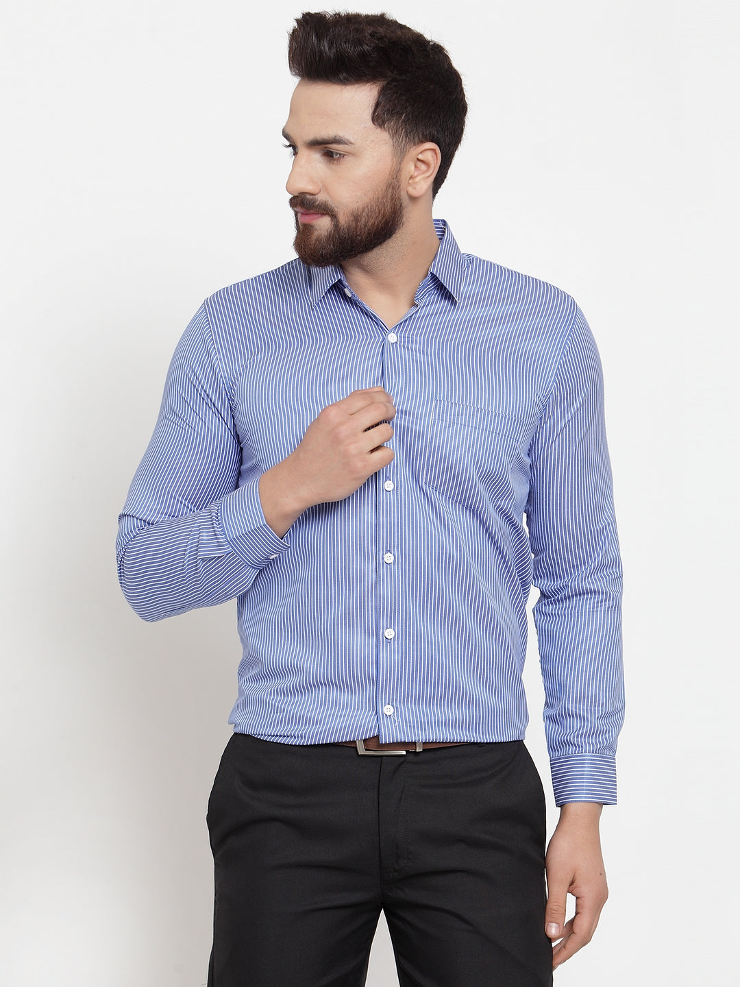 Indian Needle Blue Men's Cotton Stiped Formal Shirts ( SF 737Blue )