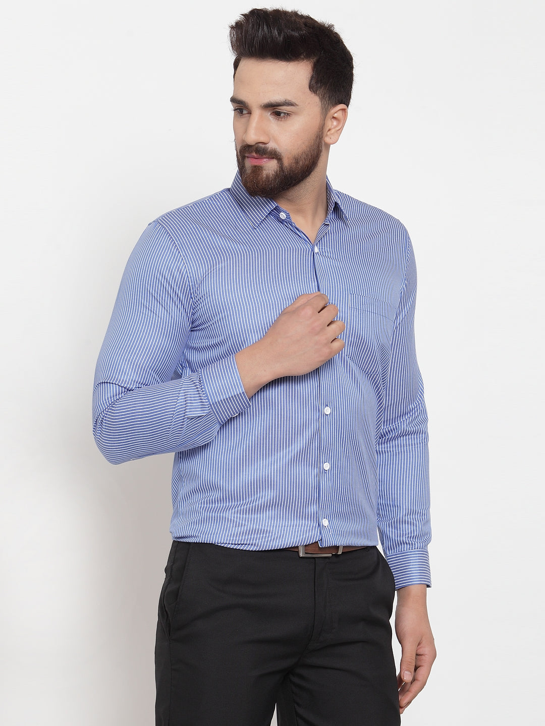 Indian Needle Blue Men's Cotton Stiped Formal Shirts ( SF 737Blue )