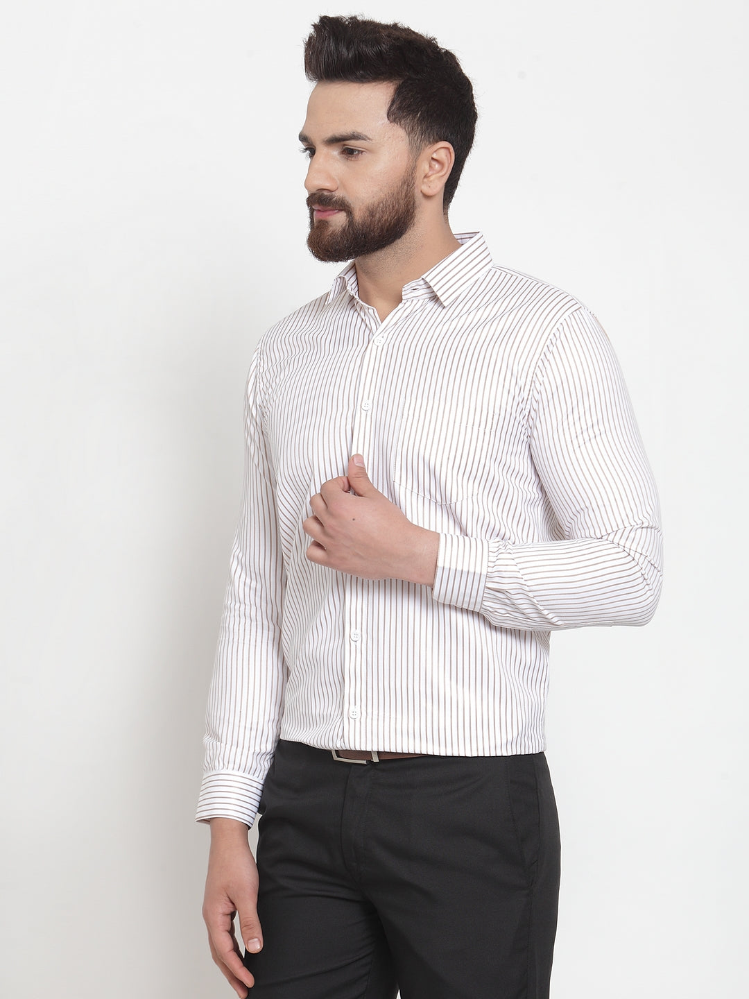 Indian Needle White Men's Cotton Stiped Formal Shirts ( SF 737White )