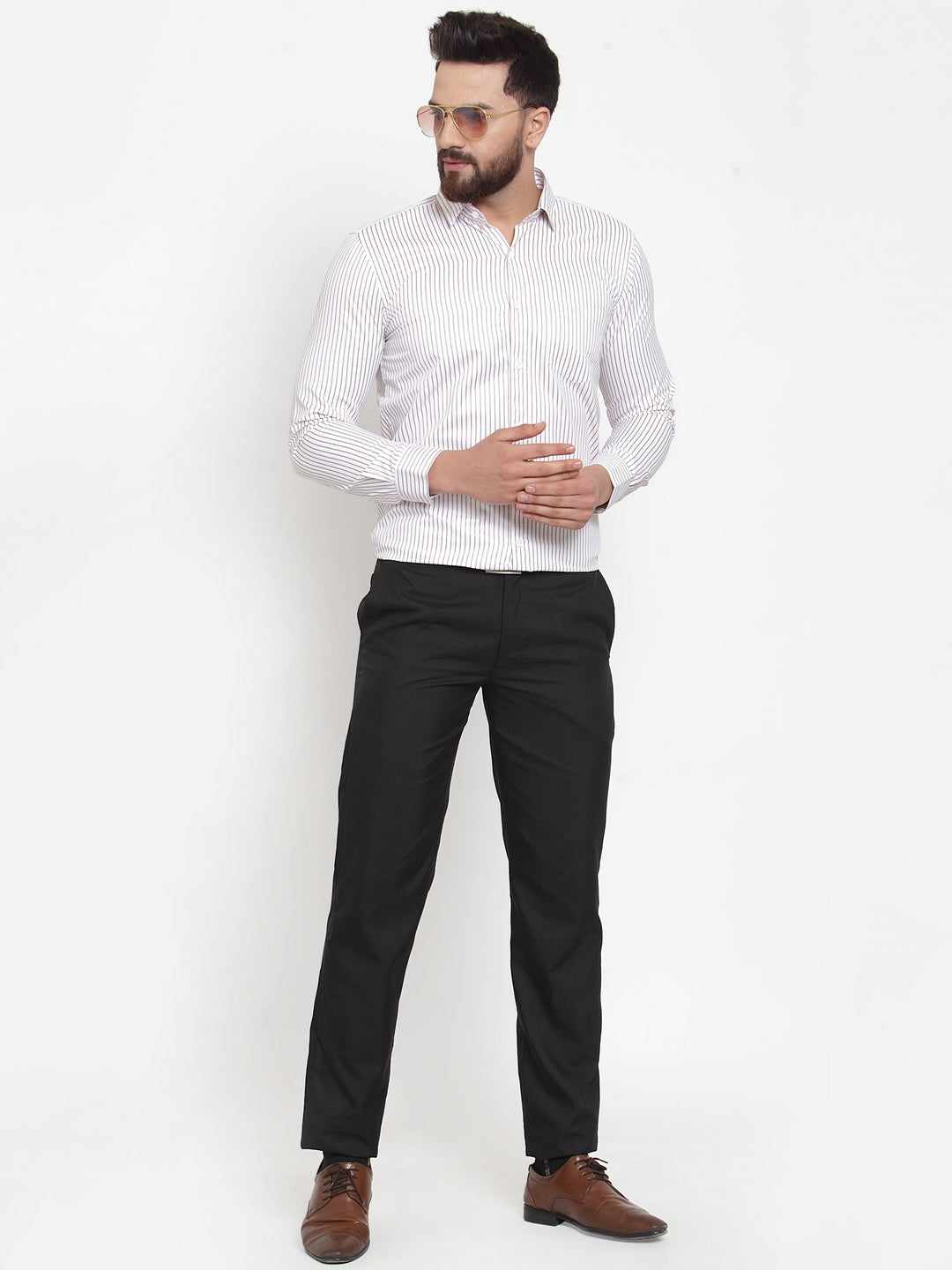 Indian Needle White Men's Cotton Stiped Formal Shirts ( SF 737White )