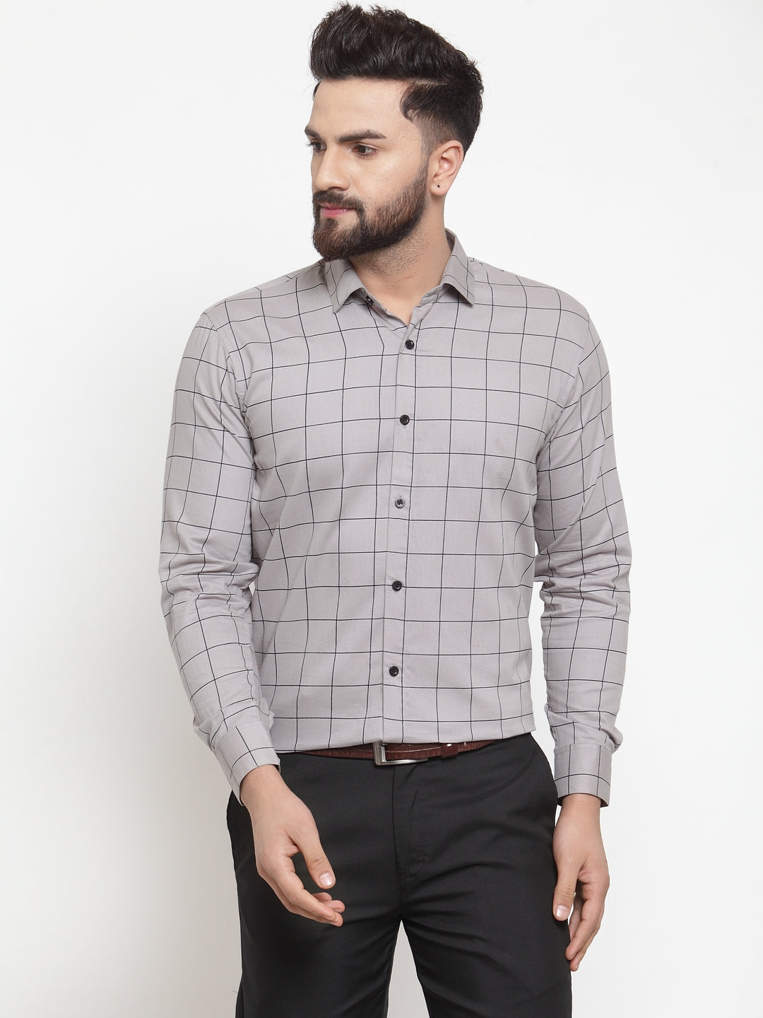 Indian Needle Grey Men's Cotton Checked Formal Shirts ( SF 742Grey )