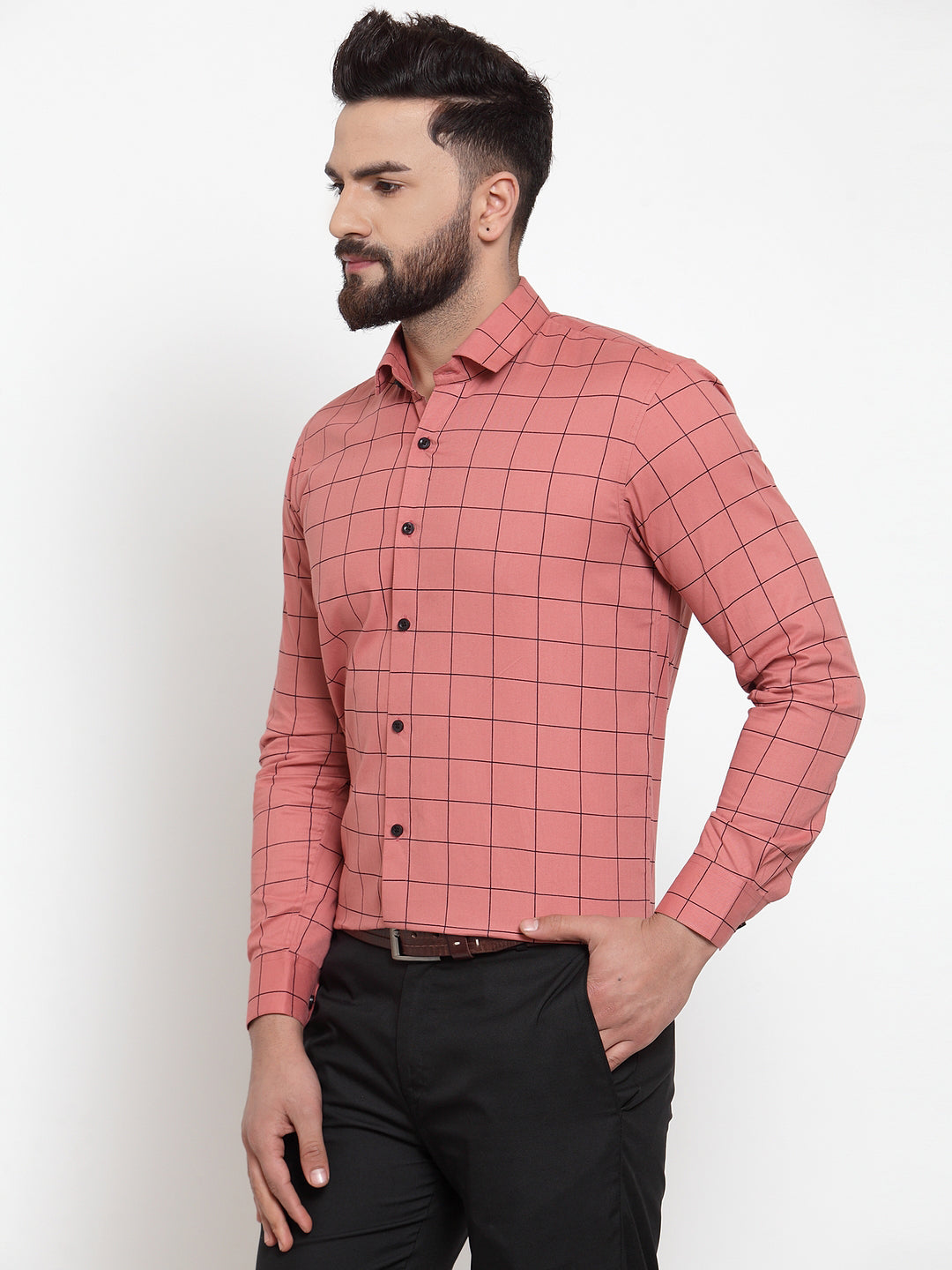 Indian Needle Peach Men's Cotton Checked Formal Shirts ( SF 742Peach )