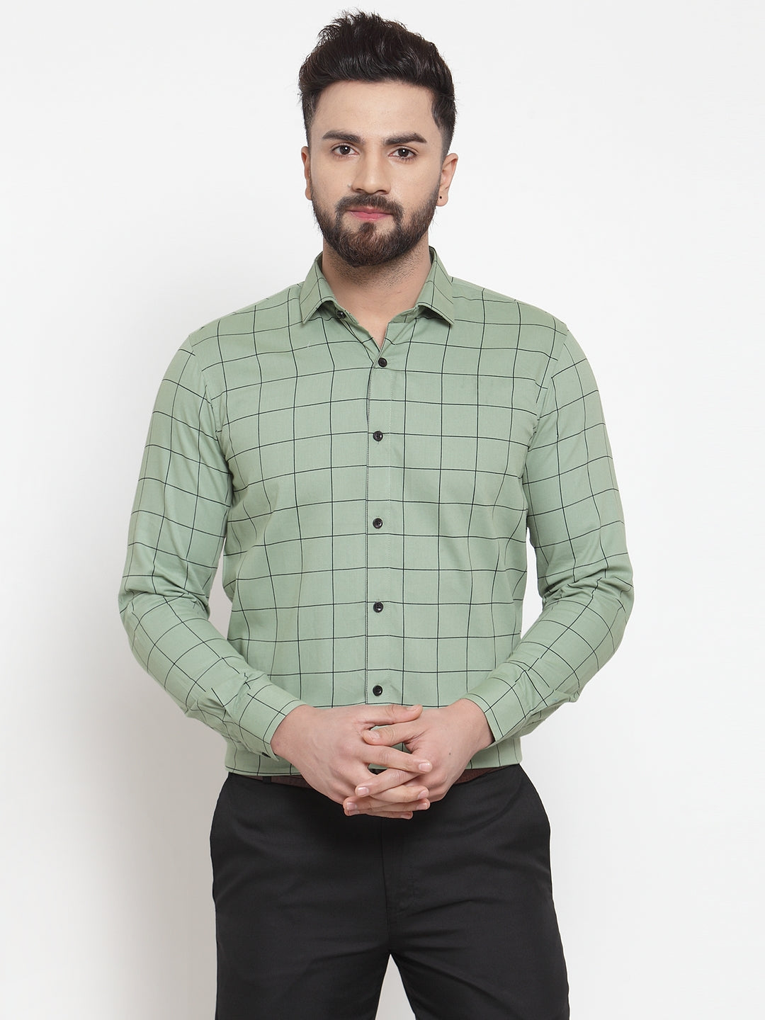 Indian Needle Green Men's Cotton Checked Formal Shirts ( SF 742Pista )