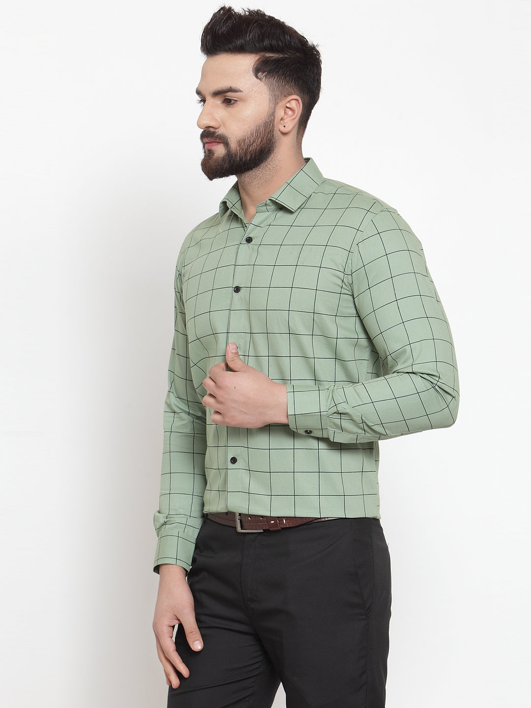 Indian Needle Green Men's Cotton Checked Formal Shirts ( SF 742Pista )